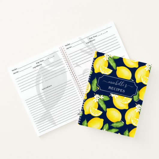 Custom Citrus Lemon Muster Rezept Navy Blau Notizblock (Innenseite)