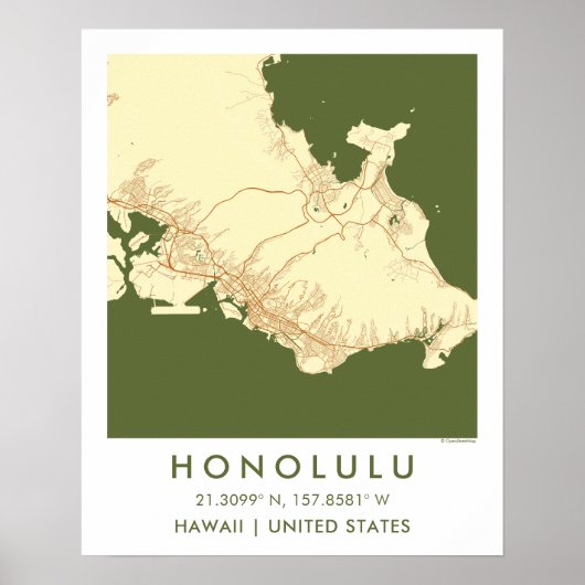Custom City Map Honolulu Hawaii Wall Art Poster (Vorne)