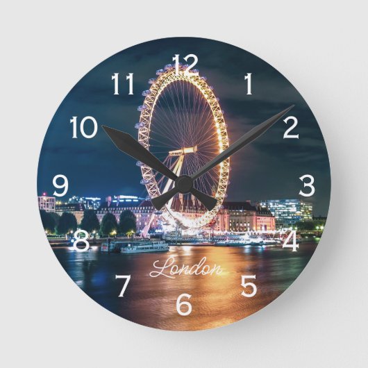 Custom Cityscape Ferris Wheel Night Travel London Runde Wanduhr (Vorderseite)