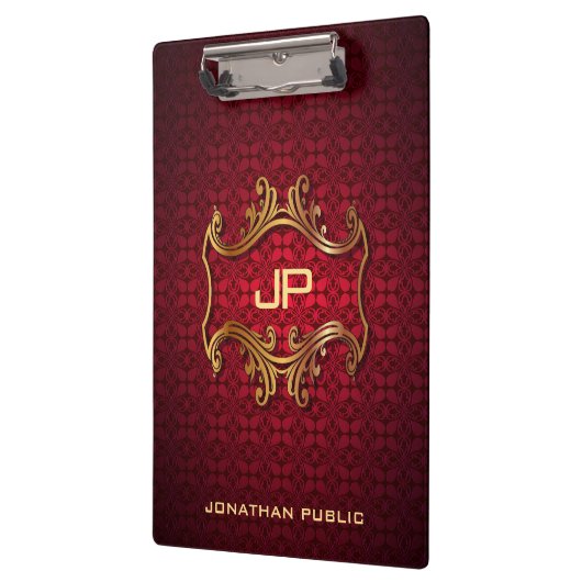 Custom Classic Elegant Black Red Damask Monogram Klemmbrett (Links)