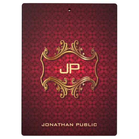 Custom Classic Elegant Black Red Damask Monogram Klemmbrett (Rückseite)