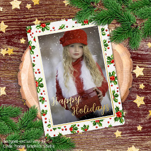 Custom Classic Green Holly Red Berries Gold Folien Feiertagspostkarte