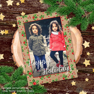Custom Classic Holiday Green Holly Red Berries Karte
