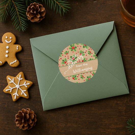 Custom Classic Holiday Green Holly Red Berries Runder Aufkleber