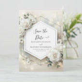 Custom Classic White Roses Wedding Save The Date (Stehend Vorderseite)