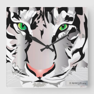 CUSTOM CLOCK- TIGER-WHITE/GRAU QUADRATISCHE WANDUHR