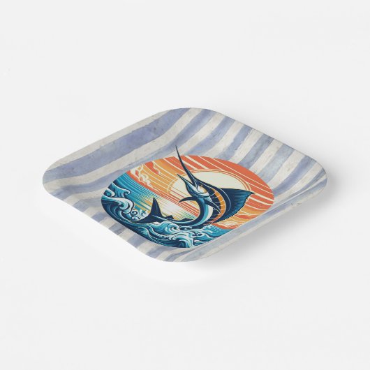 Custom Coastal/nautical/beach marlin sunset Pappteller (Gewinkelt)