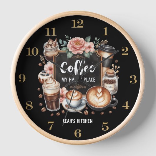 ☕ Custom Coffeecore Kitchen Café Kaffee Happy Plac Uhr (Vorderseite)