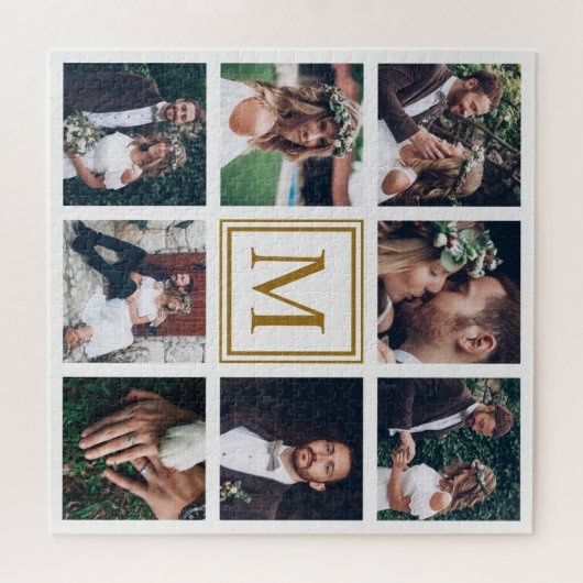 Custom Collage 8 Wedding Foto Gold Monogram Puzzle (Horizontal)