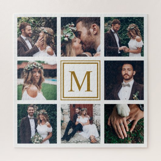 Custom Collage 8 Wedding Foto Gold Monogram Puzzle (Vertikal)
