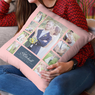 Custom Color Elegant Script Mr & Mrs. Foto Collage Kissen