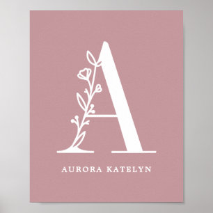 Custom Color Floral Monogram Letter A Name Nursery Poster