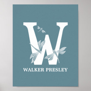 Custom Color Monogram Letter W Dragonfly Poster