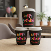 Custom Colorful Retro Happy Birthday - Schwarz Pappbecher