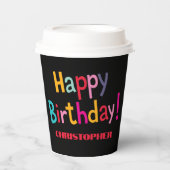Custom Colorful Retro Happy Birthday - Schwarz Pappbecher (Vorderseite)