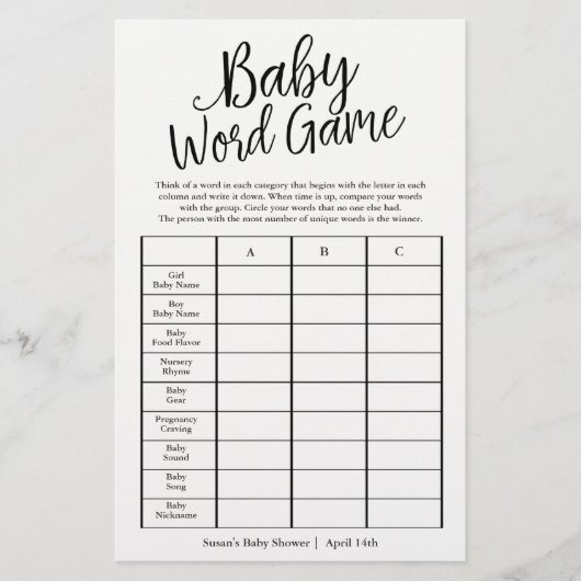 Custom Colors Baby Word Game Duschkarte (Vorderseite)
