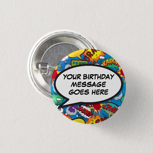 Custom Comic Book Birthday Party Fevor Blue Button (Vorne & Hinten)