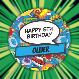 Custom Comic Book Superhero Geburtstagsparty Blue Runder Aufkleber