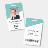 Custom Company Logo Bar Code Employee Photo Teal Ausweis (Vorder- & Rückseite)