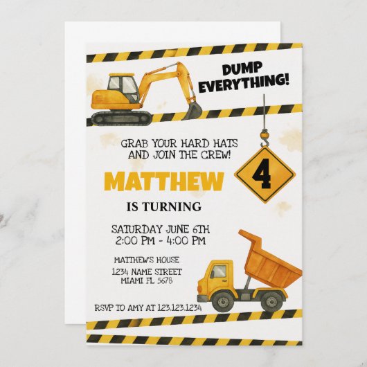 Custom Construction Birthday Invites Einladung (Vorne/Hinten)