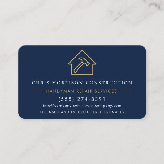 Custom Construction & Handyman Navy Blue Gold Visitenkarte (Vorderseite)
