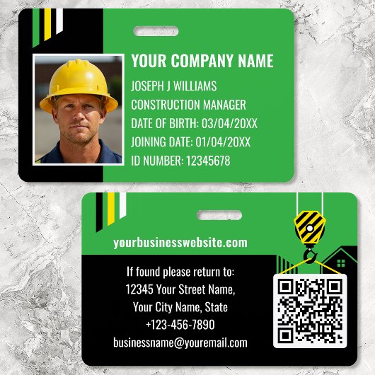 Custom Construction ID Work QR Code Green Black Ausweis