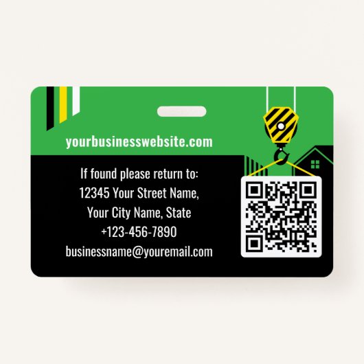 Custom Construction ID Work QR Code Green Black Ausweis (Rückseite)