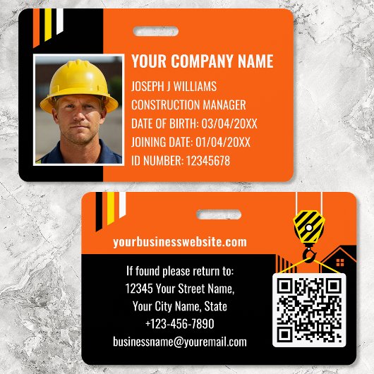 Custom Construction ID Work QR Code Orange Black Ausweis
