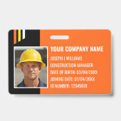 Custom Construction ID Work QR Code Orange Black Ausweis (Vorderseite)
