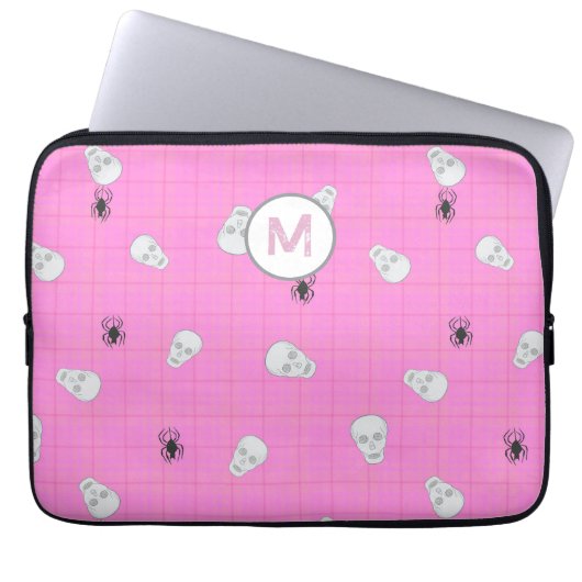 Custom Coquette Pink Kariert Halloween Skulls Laptopschutzhülle (Vorderseite)