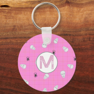 Custom Coquette Pink Kariert Halloween Skulls Schlüsselanhänger