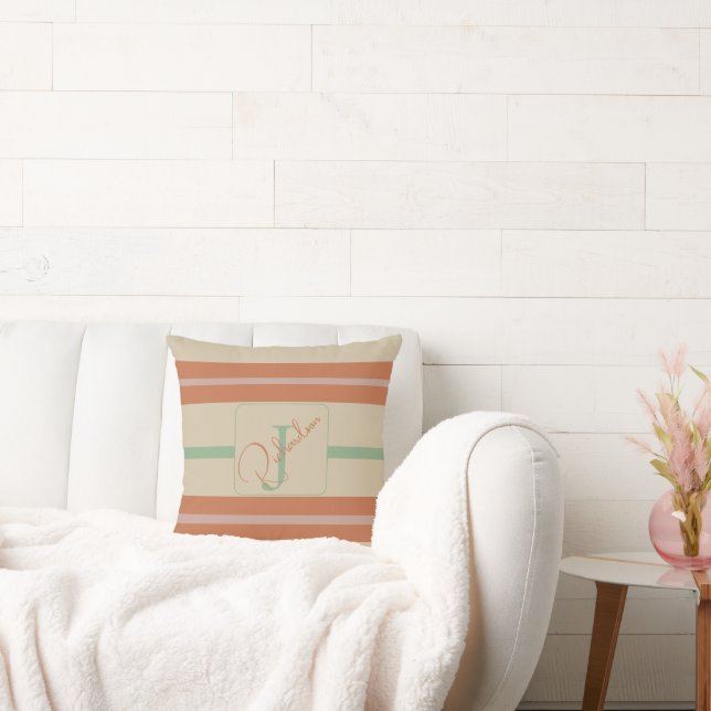 Custom Coral Sage Stripe Monogram Boho Pastel Chi Kissen (Liege)