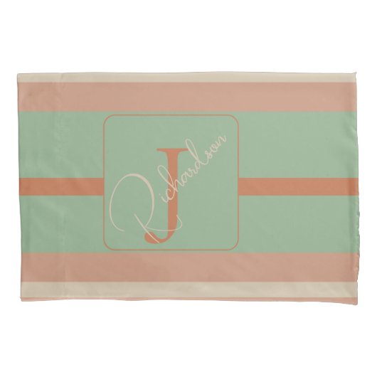 Custom Coral Sage Stripe Monogram Boho Pastel Chi Kissenbezug (Vorderseite)