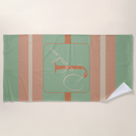 Custom Coral Sage Stripe Monogram Boho Pastel Chi Strandtuch