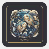 Custom Cosmic Fish Zodiac Sign Black Gold Pisces Quadratischer Aufkleber (Vorderseite)