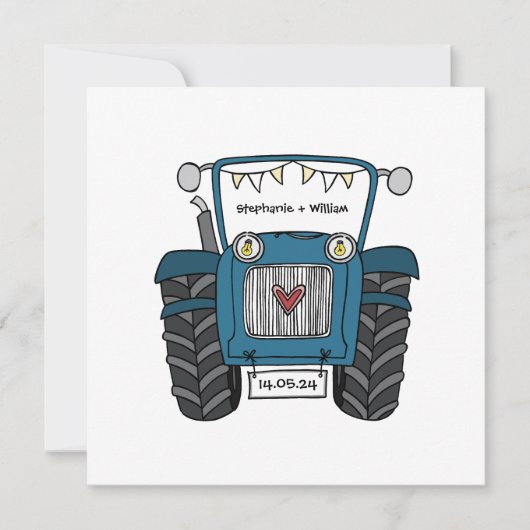 Custom Country Wedding Blue Traktor Einladung (Vorderseite)