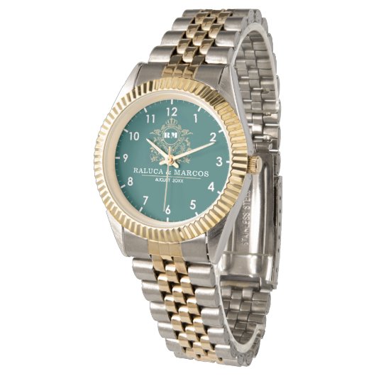 Custom couple floral names monogram green armbanduhr (Schrägansicht)