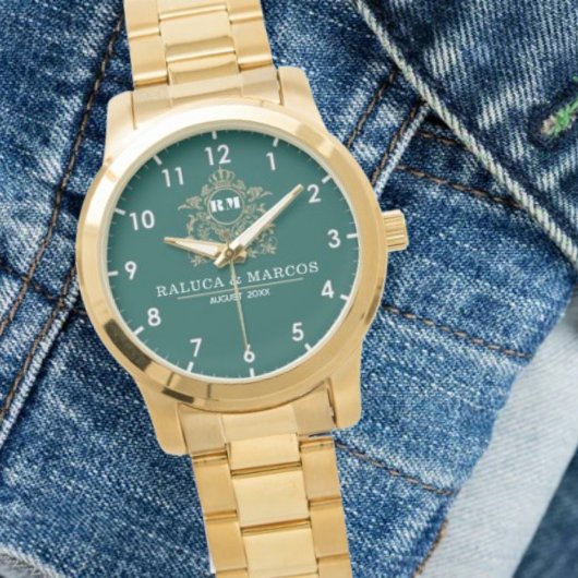 Custom couple floral names monogram  green armbanduhr