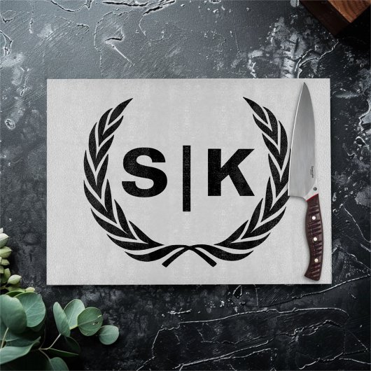Custom Couple Monogram mit Laurel Blätter Schneidebrett