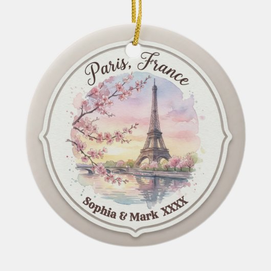 Custom Couple's Paris & Cherry Blossom Keepsake Keramik Ornament (Vorne)