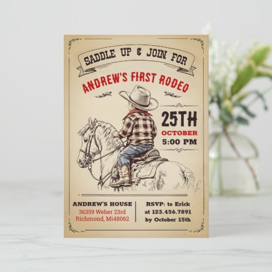 Custom Cowboy Country 1. Rodeo Wild West Geburtsta Einladung (Stehend Vorderseite)