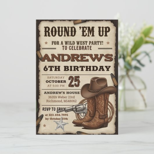 Custom Cowboy Hat and Lasso Western Birthday party Einladung (Stehend Vorderseite)