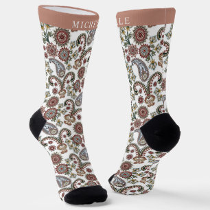 Custom Creme White Red Green Paisley Muster Socken