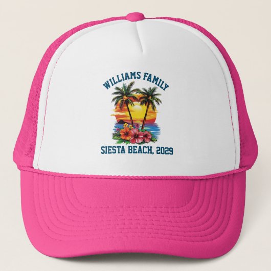 Custom Cruise Pink Palm Tree Beach Family Wiederse Truckerkappe (Vorderseite)