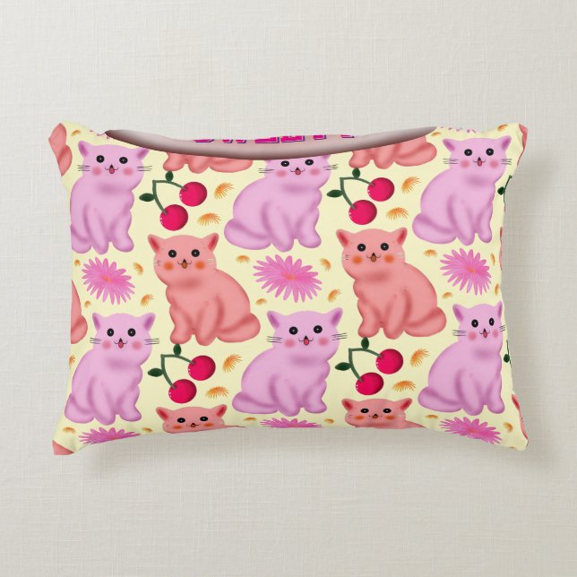 Custom Cute Cat Cherry Floral Pattern Dekokissen (Vorderseite)