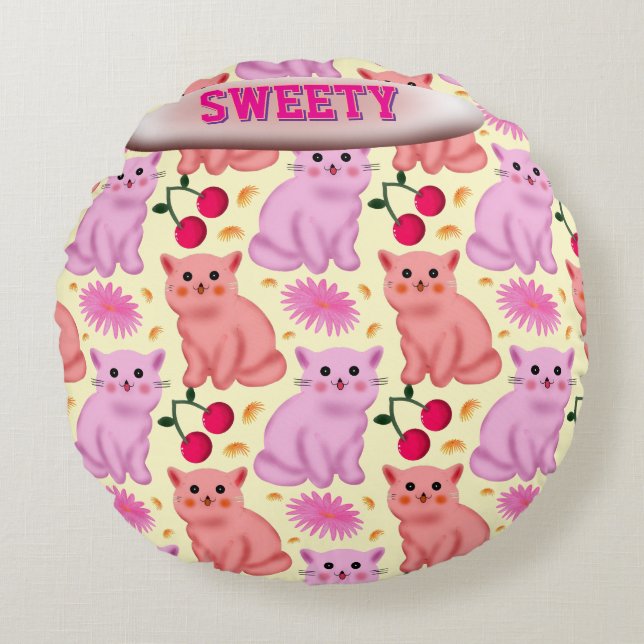 Custom Cute Cat Cherry Floral Pattern Rundes Kissen (Vorderseite)