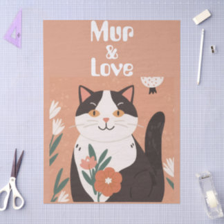 Custom Cute Cat with Mur and Love Decoupage Seidenpapier