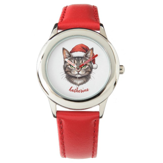 Custom Cute Christmas Cat with Santa Hat Armbanduhr (Vorderseite)