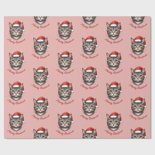 Custom Cute Christmas Cat with Santa Hat Geschenkpapier (Flach)