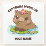 Custom Cute Kawaii Capybara Mode Glass Coaster Glasuntersetzer<br><div class="desc">Custom Cute Kawaii Capybara Mode Glass Coaster 🥤🧡 Add capybara chill to your table! This adorable kawaii capybara glass coaster features a sweet capybara relaxing in water with lily pads and flowers — plus fully customizable text. In seconds, make it yours: edit the top phrase (keep “Capybara Mode: ON” or...</div>